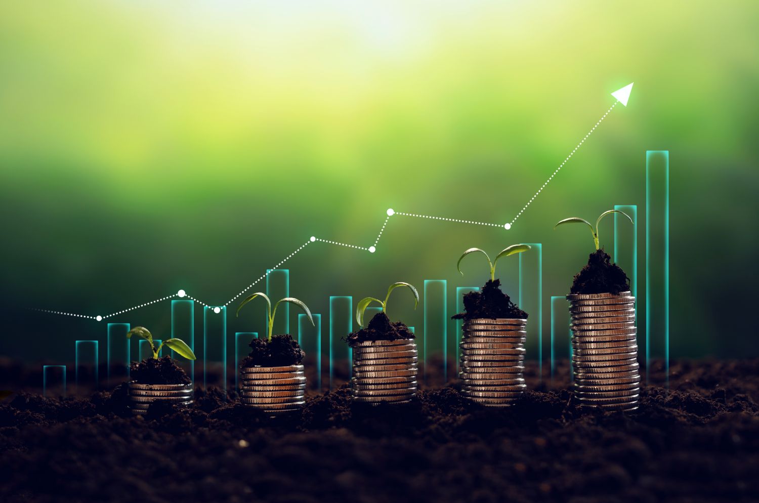 Coins stacked with plant shoots growing from them