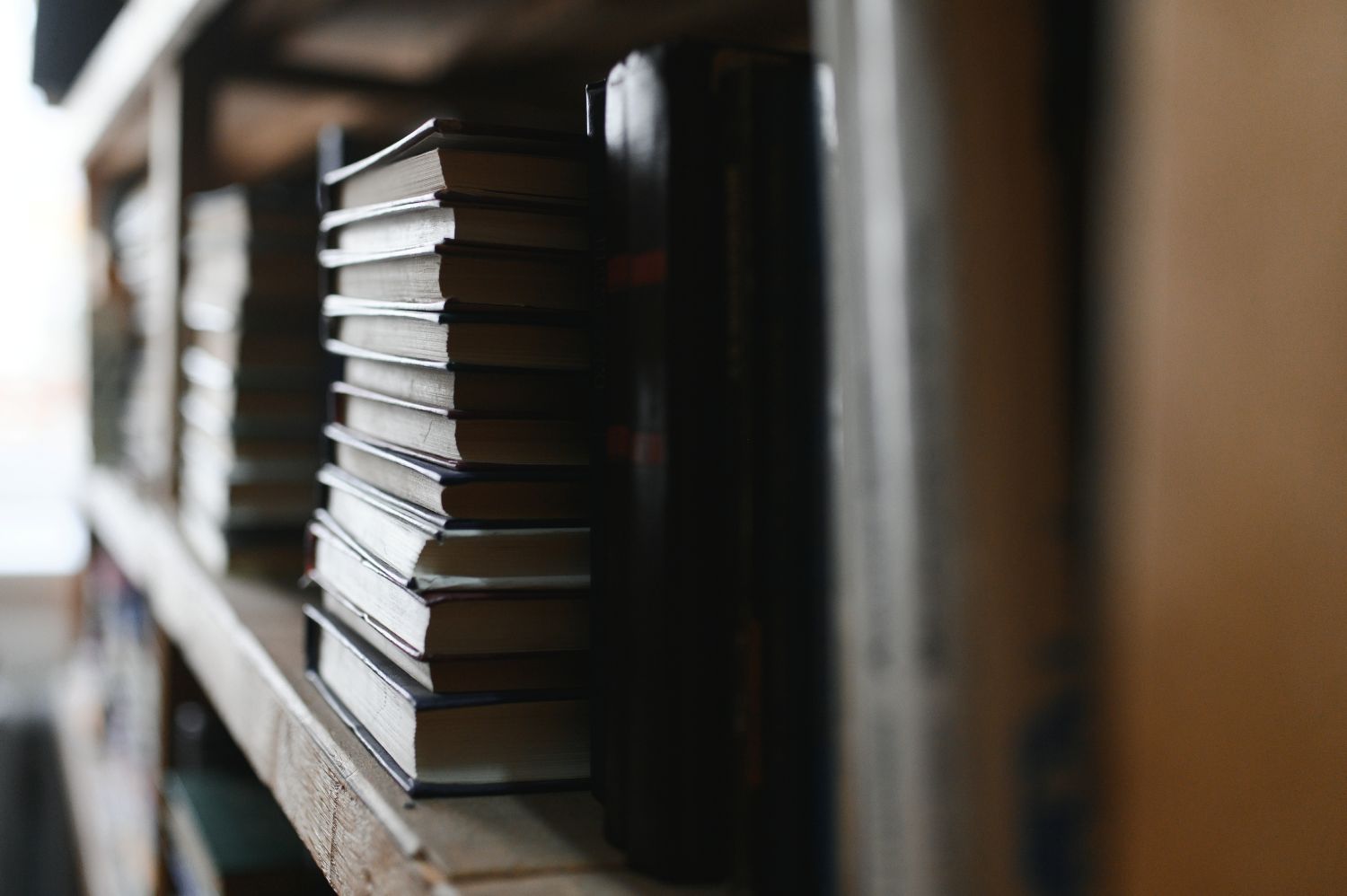 Books stacked on a shelf